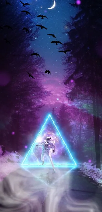 Astronaut illuminated by a neon triangle in a mystical forest at night.