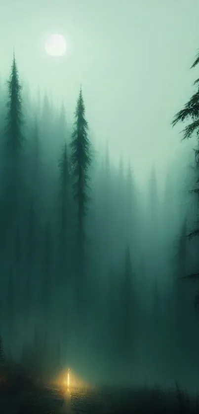 Mystical forest at night with moonlit fog and tall pine trees.