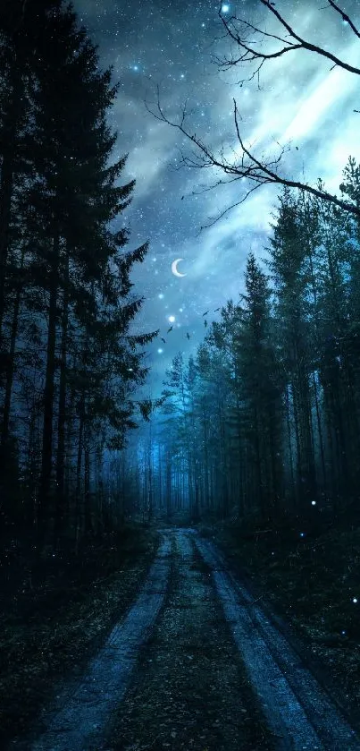 Mystical night forest path with starry sky and moonlight enhancing magical scenery.