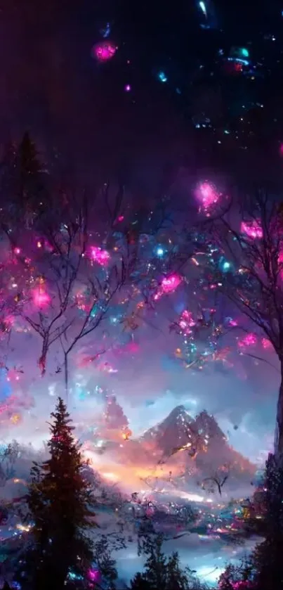 Magical night forest wallpaper with pink and purple glowing lights.