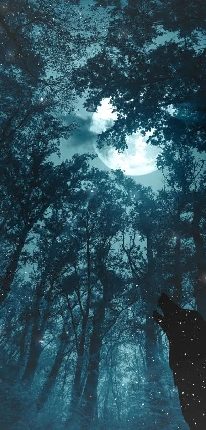 Mystical forest wallpaper with wolf howling under a moonlit sky.