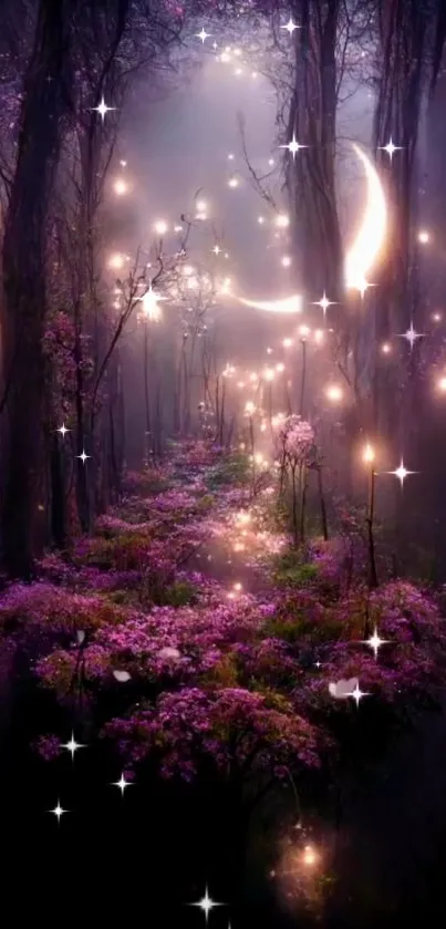 Enchanting night forest with moon and stars.