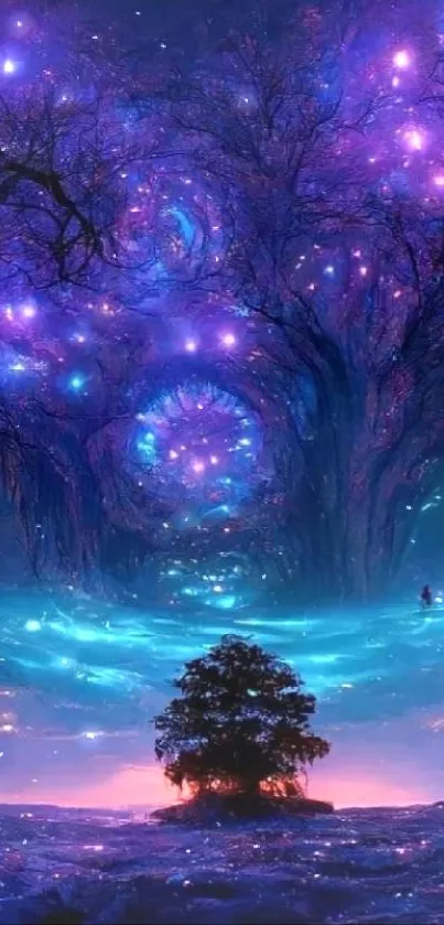 Mystical forest with a purple night sky and vibrant glowing colors.