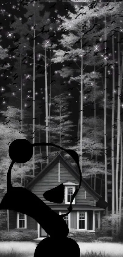 Mystical night forest with house silhouette and artistic elements.