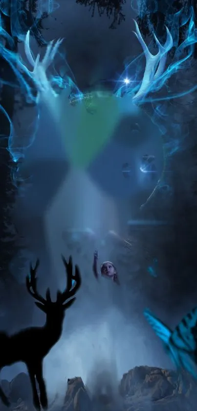 Mystical forest night wallpaper with glowing antlers, deer, and butterfly.