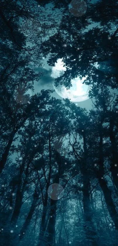 Mystical forest under a bright, full moon at night.