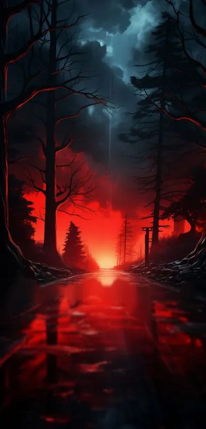 Mystical forest night scene with red sky and silhouetted trees.