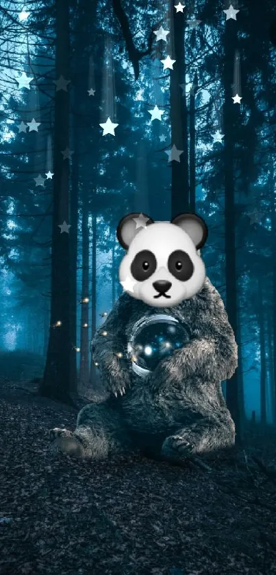 Fantasy forest with panda-headed creature in enchanting, dark teal ambiance.