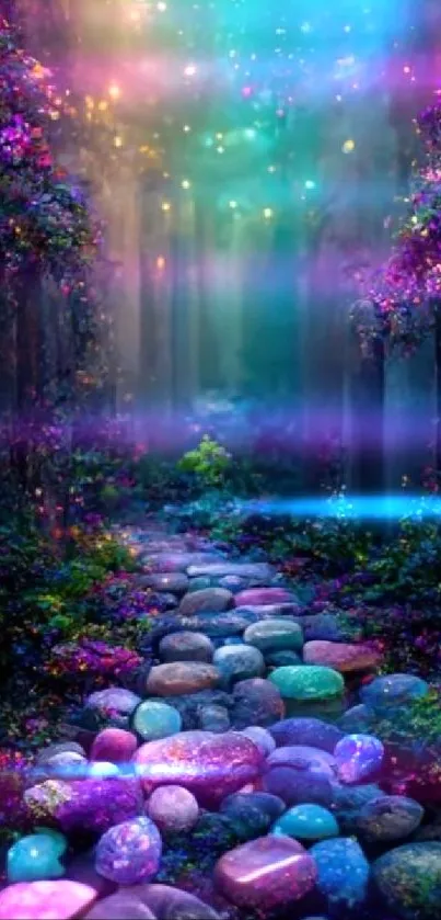 Mystical forest path with glowing stones and vibrant colors.