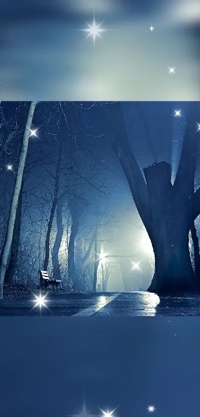 Mystical forest with moonlit path and stars, serene nature scene for mobile wallpaper.