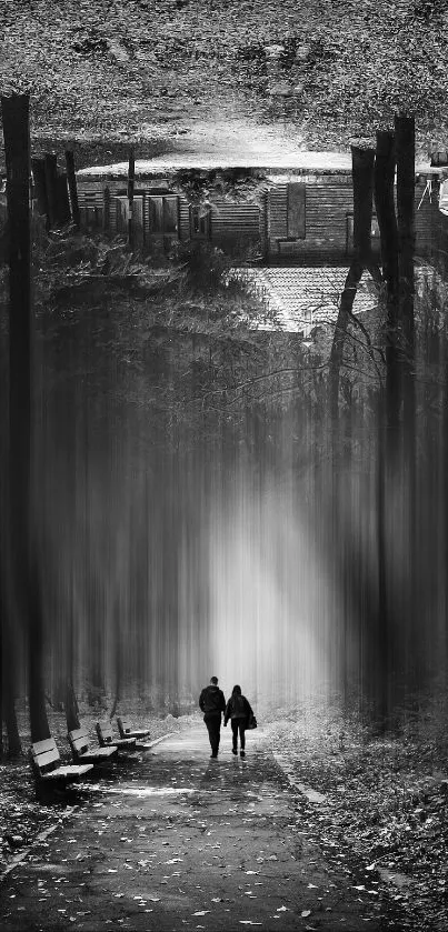 Black and white mystical forest path wallpaper with silhouetted figures.