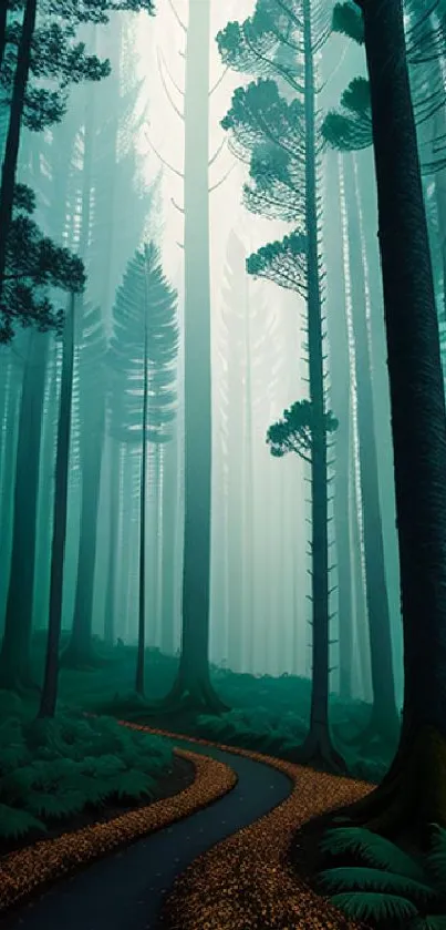 Mystical forest path with tall trees and mist, perfect for a serene wallpaper.