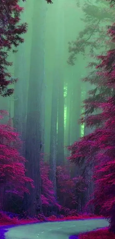 Mystical forest path wallpaper with magenta and green hues.