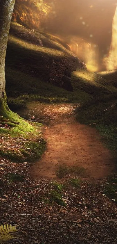 Mystical forest path with ethereal lighting.