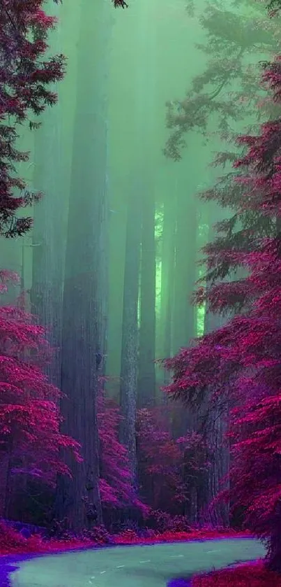 Enchanting forest path with purple and green hues.