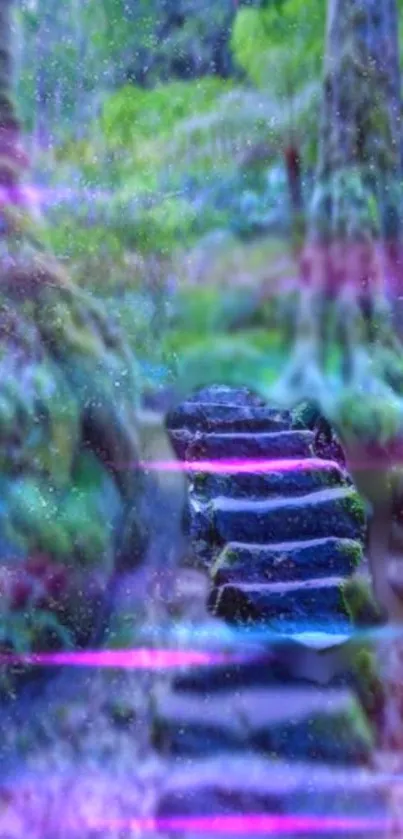 Enchanted forest path with neon hues and stone steps, perfect mobile wallpaper.