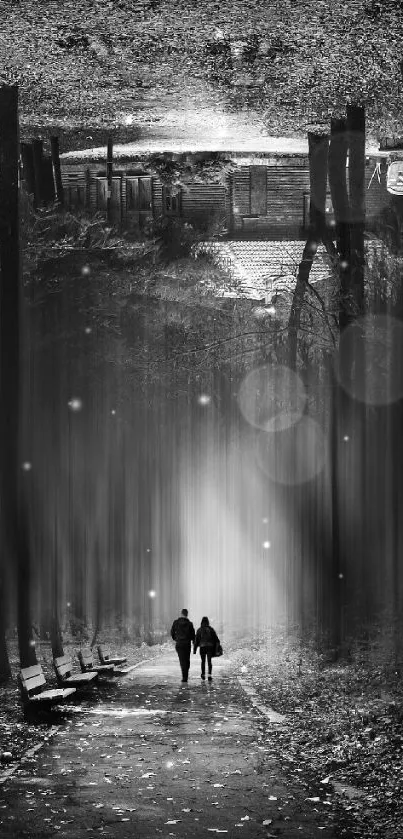 A monochrome mystical forest path with a surreal and dreamy atmosphere.