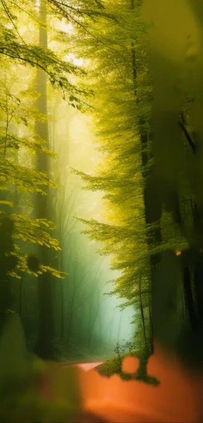 Serene misty forest path with sunlight filtering through leaves.