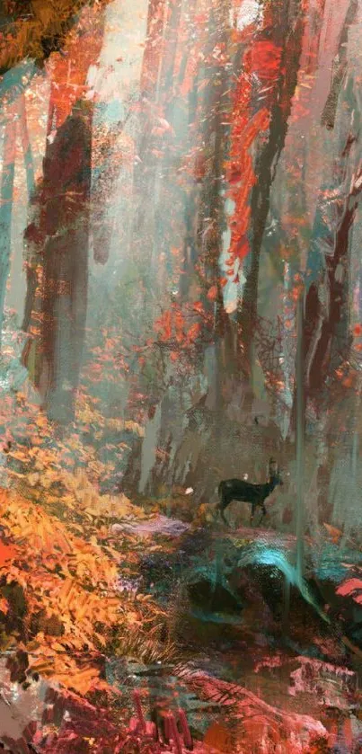 Mystical forest path with deer in vibrant colors.