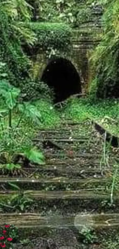 A mystical forest path with lush greenery and a dark tunnel.