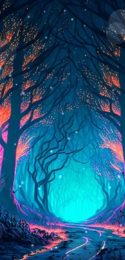 Mystical forest path with neon hues in a fantasy setting.