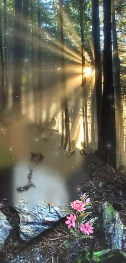 Mystical forest path with sunlight beams and pink flowers.