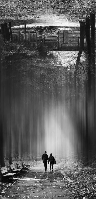 Black and white forest pathway with surreal landscape design.