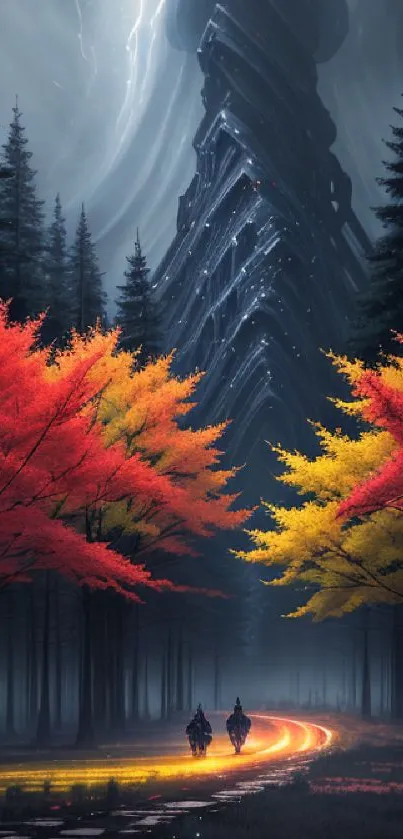 Mystical forest pathway with colorful trees and dramatic sky.