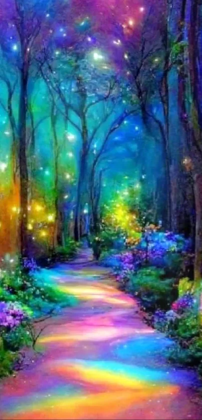 Vibrant mystical forest pathway wallpaper with colorful lights.