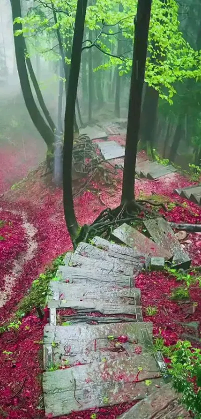 Mystical forest pathway with vibrant foliage and red leaves.