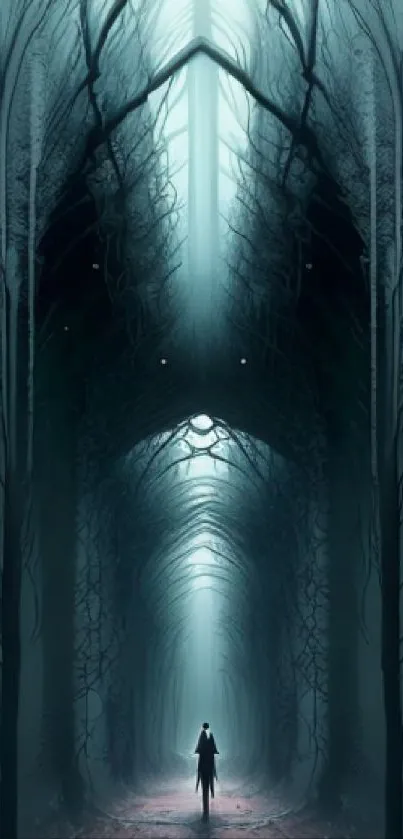 Mystical forest pathway with teal lighting creates a serene mobile wallpaper.