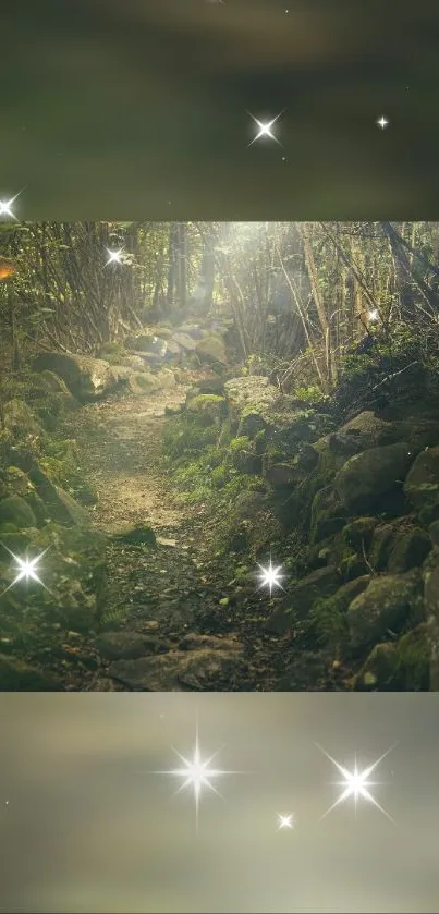 Mystical forest pathway with glowing stars.