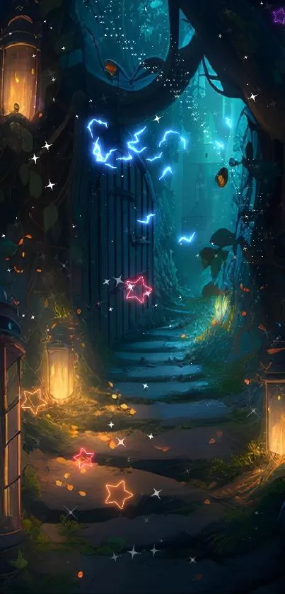 Enchanted forest path illuminated by glowing lanterns at night.