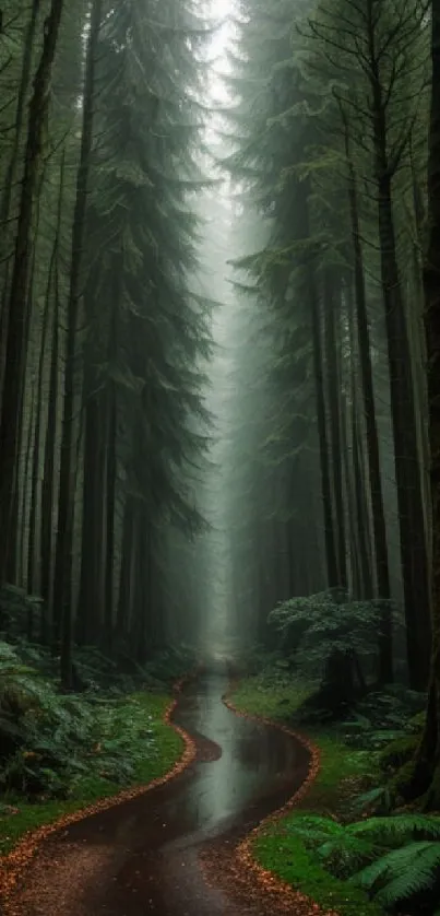 Misty forest path with towering green trees and serene atmosphere.