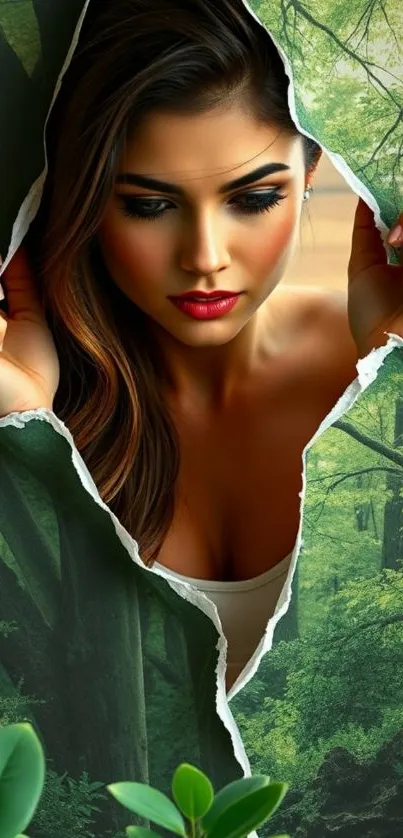 Mystical forest wallpaper with portrait peeking through torn paper.