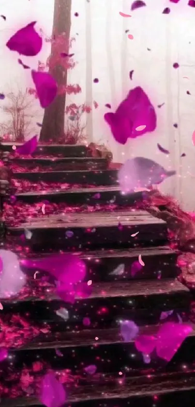 Pink petals gracefully fluttering down a misty forest stone pathway.