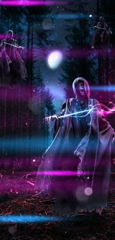 Eerie phantom in mystical forest wallpaper with glowing light.