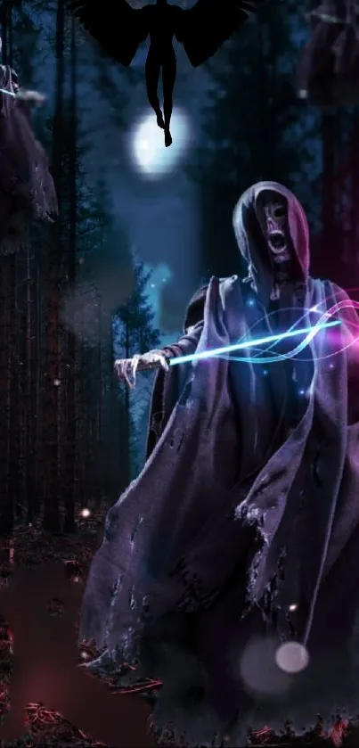 Cloaked phantom in mystical forest with glowing lights.