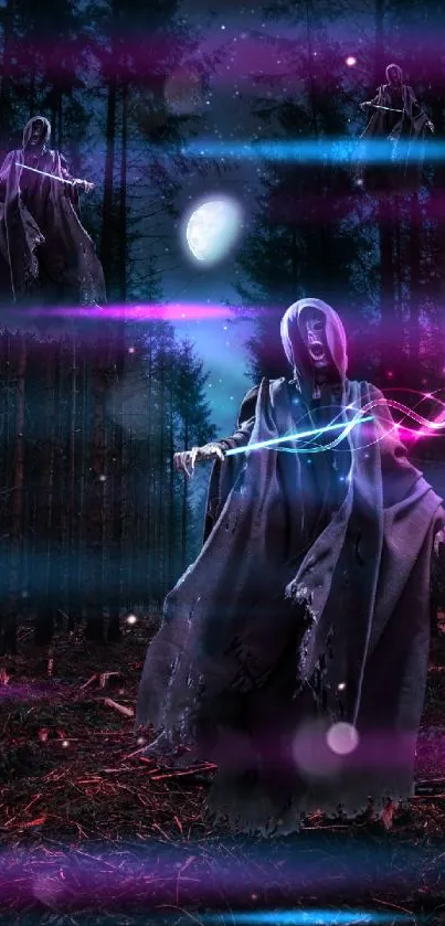 Haunting phantoms in dark forest with glowing lights.