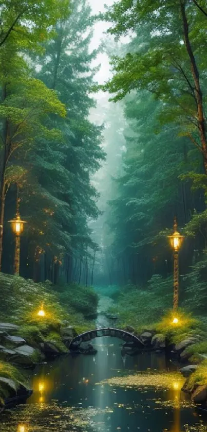 A mystical forest with glowing lanterns and a serene path for mobile wallpaper.