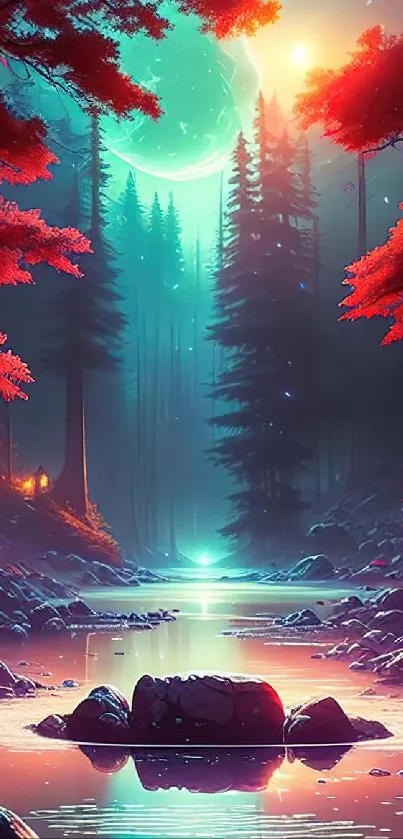 Mystical forest with teal moonlight reflecting on a serene water body.