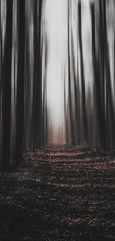 A mystical blurred forest with towering dark trees.