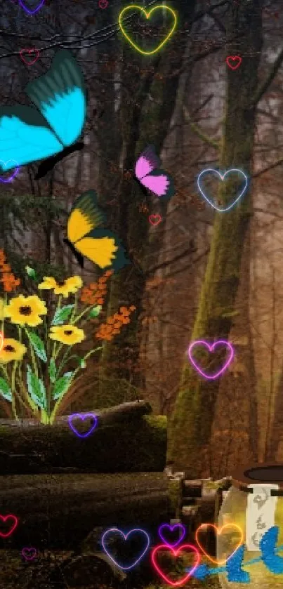Mystical forest with vibrant butterflies and flowers on a serene woodland path.
