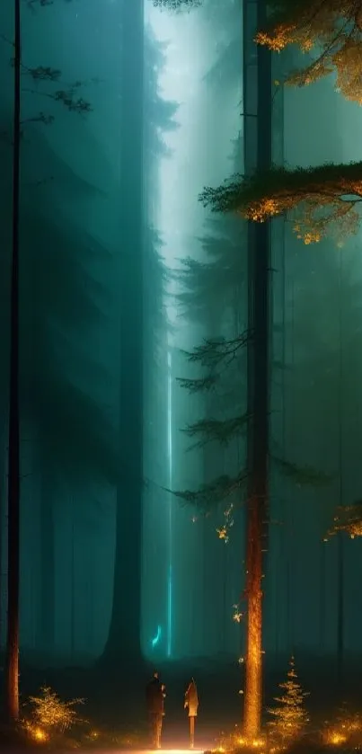 Two people in a mystical forest with glowing trees under teal lighting.