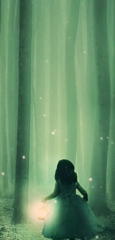 A mystical forest landscape with a glowing lantern in the woods, featuring a lone figure.