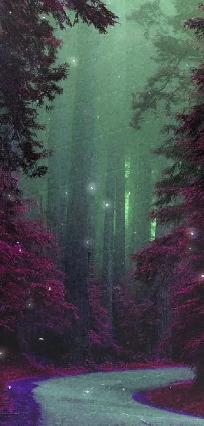 Mystical forest with purple and green hues, perfect for phone backgrounds.