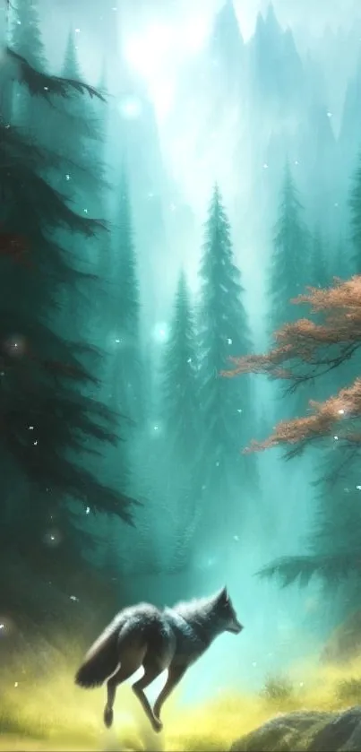 Mystical forest with a wolf in enchanting teal lighting.