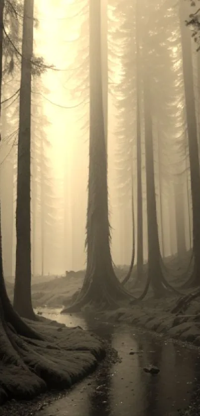 Mystical forest with tall, misty trees in sepia tones.