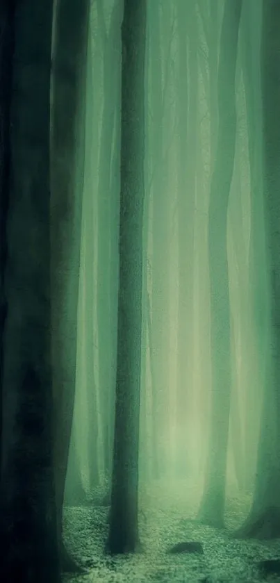 Mystical forest with towering trees in green hues for phone wallpaper.