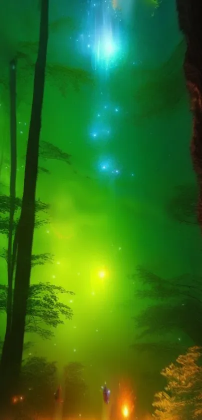 Mystical forest wallpaper with green and blue luminescent lights.